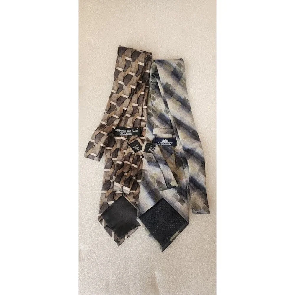 Kilburne & Finch Stafford Men Neck Tie 2pc Set 100% Silk Gray Tan Blue Hand Sewn